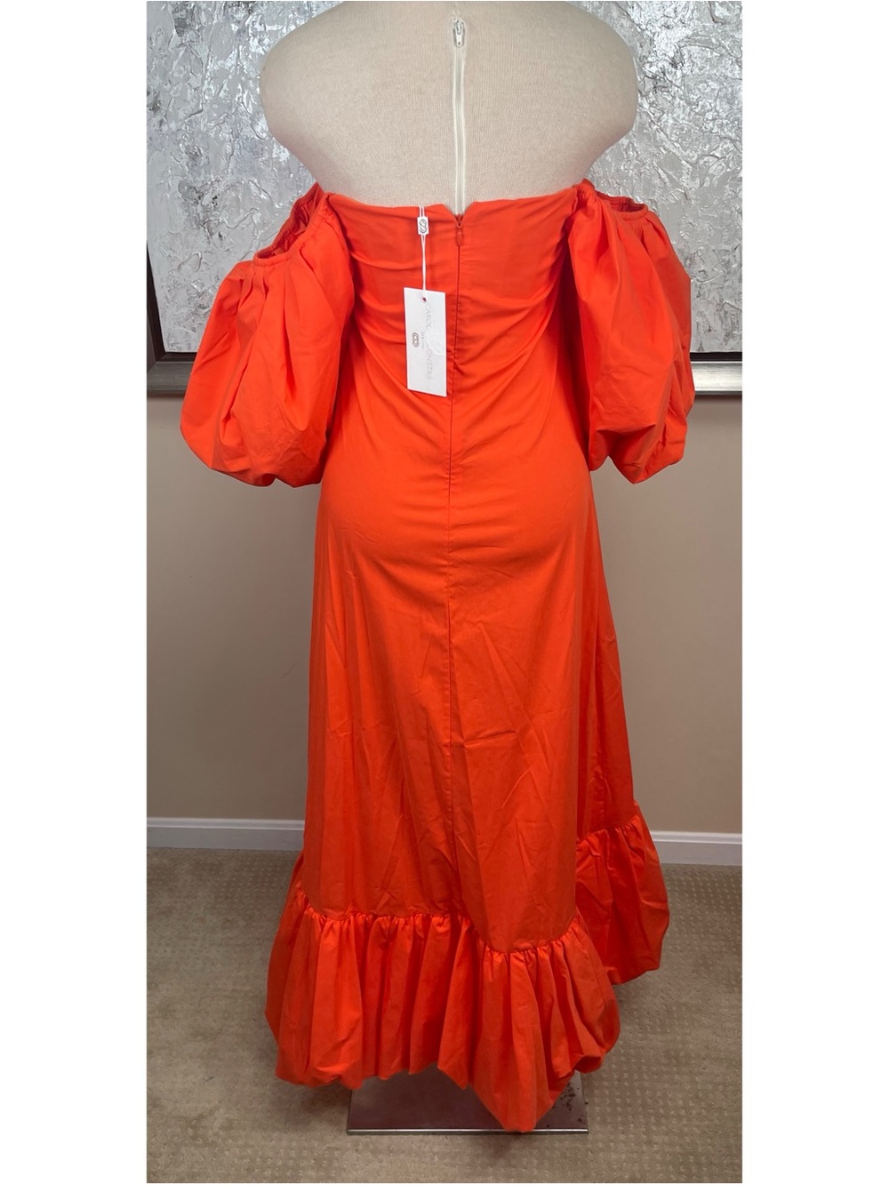 CAROLINE CONSTAS Lucia Off the Shoulder Puff Sleeve Ruffle Hem Orange Maxi Sz L - Picture 6 of 8